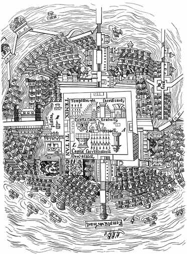 Staré mexické město Tenochtitlan s velkým náměstím a ZOO